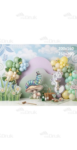 Tło fotograficzne „Magiczny piknik z gąsienicą – pastelowa kraina czarów” | UB_797